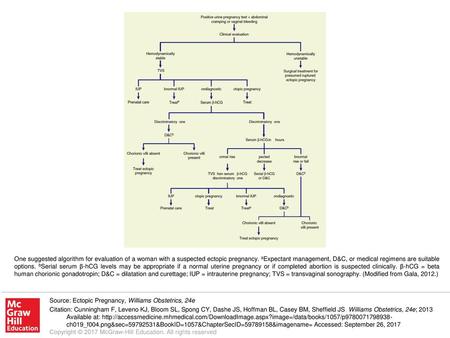 One suggested algorithm for evaluation of a woman with a suspected ectopic pregnancy. aExpectant management, D&C, or medical regimens are suitable options.