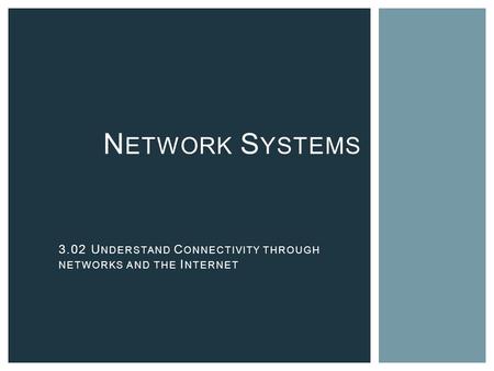 N ETWORK S YSTEMS 3.02 U NDERSTAND C ONNECTIVITY THROUGH NETWORKS AND THE I NTERNET.