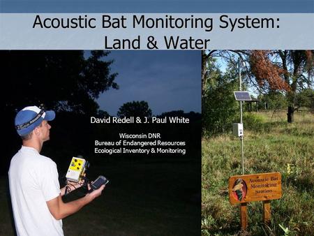 Acoustic Bat Monitoring System: Land & Water David Redell & J. Paul White Wisconsin DNR Bureau of Endangered Resources Ecological Inventory & Monitoring.