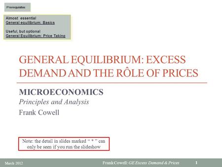 Frank Cowell: GE Excess Demand & Prices GENERAL EQUILIBRIUM: EXCESS DEMAND AND THE RÔLE OF PRICES MICROECONOMICS Principles and Analysis Frank Cowell Almost.