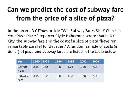 Can we predict the cost of subway fare from the price of a slice of pizza? In the recent NY Times article Will Subway Fares Rise? Check at Your Pizza Place,