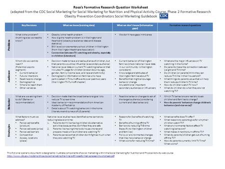 Key DecisionsWhat we know (existing data)What we dont know (information gaps) Formative research questions Problem What is the problem? Anything else we.