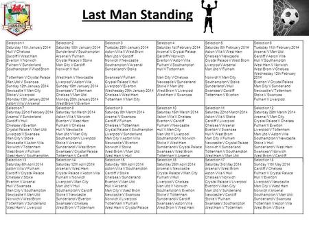 Last Man Standing Selection 1Selection 2Selection 3Selection 4Selection 5Selection 6 Saturday 11th January 2014Saturday 18th January 2014Tuesday 28th January.