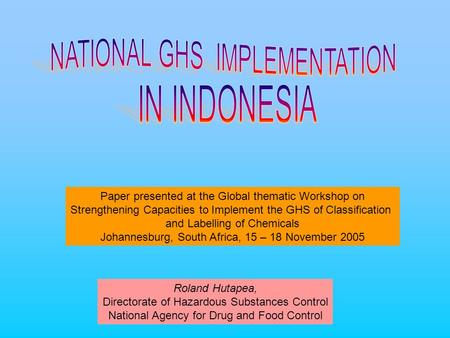 Paper presented at the Global thematic Workshop on Strengthening Capacities to Implement the GHS of Classification and Labelling of Chemicals Johannesburg,
