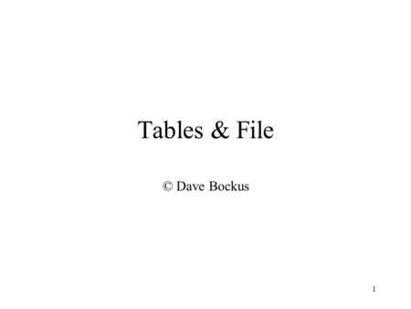 1 Tables & File © Dave Bockus. 2 Binary Search Recursive int Bsearch(TableType T, KeyType key, int lt, int rt) { int mid; mid = (lt+rt)/2; if (lt>rt)