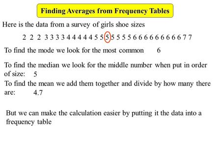 222333344444555555566666666677 Finding Averages from Frequency Tables Here is the data from a survey of girls shoe sizes To find the mode we look for the.