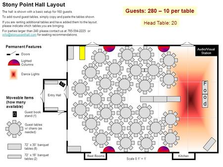 Rest Rooms Kitchen Entry Hall Doors Lighted Columns Scale 0.1 = 1 Guest tables w/ chairs (as needed) 72 x 30 banquet tables (8) 72 x 18 banquet tables.