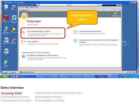 Demo Overview Opening HANA Admin Accessing HANA Loading data to HANA with Data Services Exploring HANA contentExploring HANA Results Creating New HANA.