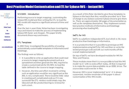 Best Practice Model Customisation and ETL for Sybase IWS – Instant IWS