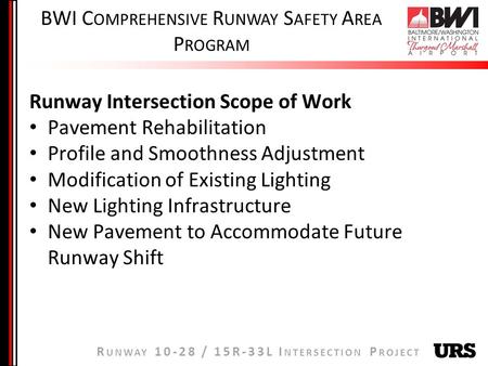 R UNWAY 10-28 / 15R-33L I NTERSECTION P ROJECT BWI C OMPREHENSIVE R UNWAY S AFETY A REA P ROGRAM Runway Intersection Scope of Work Pavement Rehabilitation.