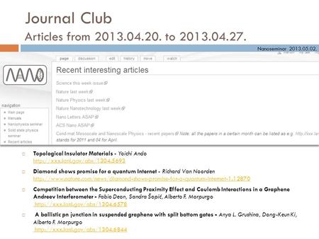 Journal Club Articles from 2013.04.20. to 2013.04.27. Topological Insulator Materials - Yoichi Ando