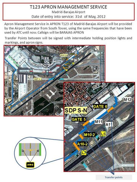 T123 APRON MANAGEMENT SERVICE Madrid-Barajas Airport Date of entry into service: 31st of May, 2012 Transfer Points between will be signed with intermediate.