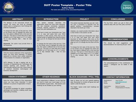 TEMPLATE AND PRINTING BY: www.POSTERPRESENTATIONS.com SUIT Poster Template – Poster Title Author Name The name and address of the associated Department.