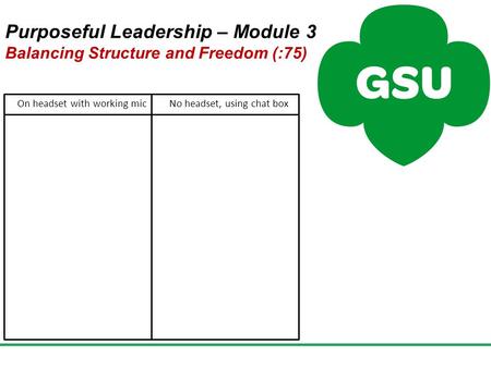 Purposeful Leadership – Module 3 Balancing Structure and Freedom (:75) On headset with working micNo headset, using chat box.