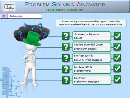 P roblem S olving I nnovator Solving Tomorrows Problems Today Electronic Brainstorm Database Electronic Brainstorm Database Brainstorming stimulates new.