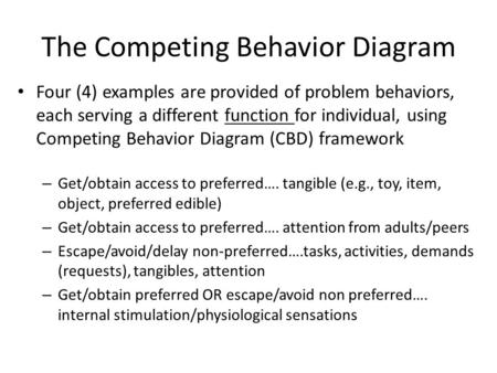 The Competing Behavior Diagram Four (4) examples are provided of problem behaviors, each serving a different function for individual, using Competing Behavior.