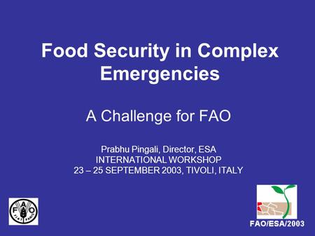 Food Security in Complex Emergencies A Challenge for FAO Prabhu Pingali, Director, ESA INTERNATIONAL WORKSHOP 23 – 25 SEPTEMBER 2003, TIVOLI, ITALY.