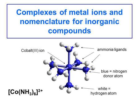 Complexes of metal ions and nomenclature for inorganic compounds