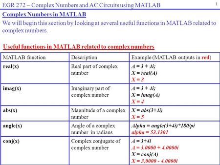 EGR 272 – Complex Numbers and AC Circuits using MATLAB