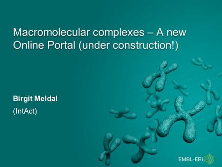 Macromolecular complexes – A new Online Portal (under construction!) Birgit Meldal (IntAct)