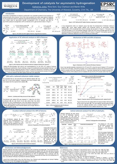 Development of catalysts for asymmetric hydrogenation Katherine Jolley, Rina Soni, Guy Clarkson and Martin Wills Department of Chemistry, The University.