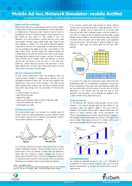 Mobile Ad-hoc Network Simulator: mobile AntNet R. Hekmat * (CACTUS TermiNet - TU Delft/EWI/NAS) and Radovan Milosevic (MSc student) Mobile Ad-hoc networks.