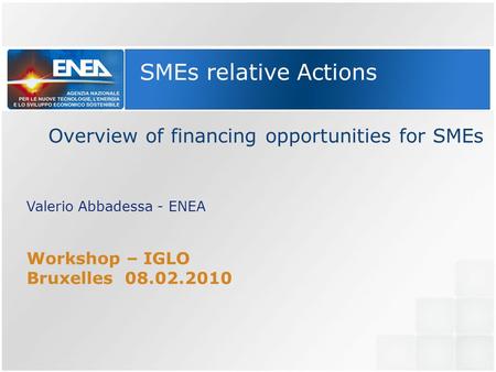 SMEs relative Actions Overview of financing opportunities for SMEs Valerio Abbadessa - ENEA Workshop – IGLO Bruxelles 08.02.2010.