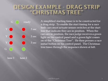 1et438b-8.pptx lane 1lane 2 ready 3 sec Y Y Y G G A simplified starting timer is to be constructed for a drag strip. To enable the start timing for a race.