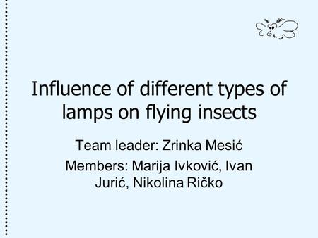 Influence of different types of lamps on flying insects Team leader: Zrinka Mesić Members: Marija Ivković, Ivan Jurić, Nikolina Ričko.