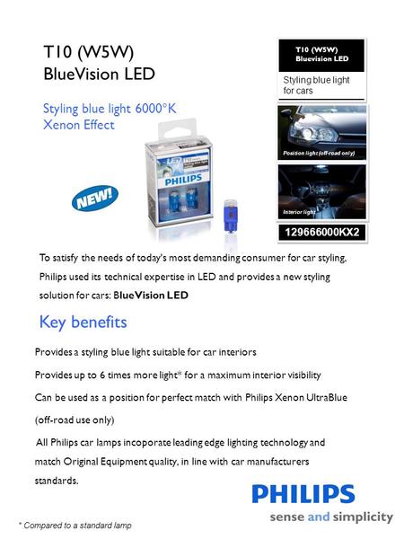 T10 (W5W) BlueVision LED Key benefits Styling blue light 6000°K