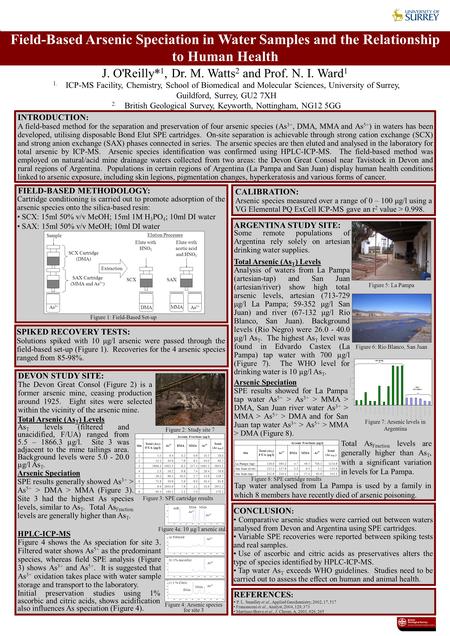 J. O'Reilly* 1, Dr. M. Watts 2 and Prof. N. I. Ward 1 Field-Based Arsenic Speciation in Water Samples and the Relationship to Human Health 1. ICP-MS Facility,