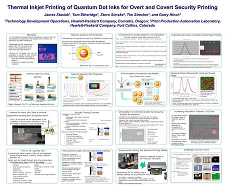 Thermal Inkjet Printing of Quantum Dot Inks for Overt and Covert Security Printing James Stasiak1, Tom Etheridge1, Steve Simske2, Tim Strecker1, and Garry.