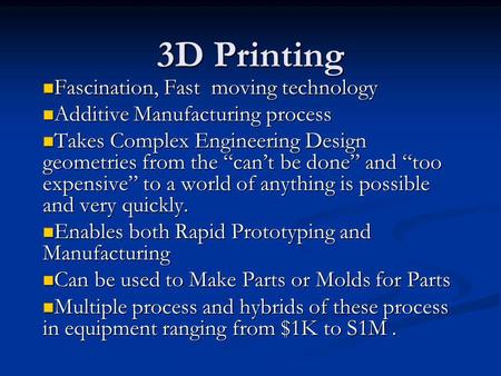 3D Printing Fascination, Fast moving technology