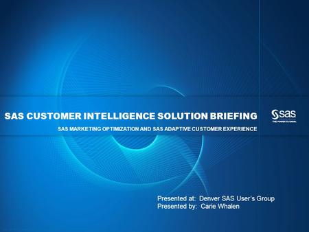 Copyright © 2012, SAS Institute Inc. All rights reserved. SAS CUSTOMER INTELLIGENCE SOLUTION BRIEFING SAS MARKETING OPTIMIZATION AND SAS ADAPTIVE CUSTOMER.