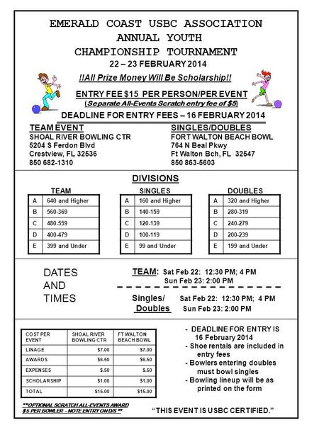 EMERALD COAST USBC ASSOCIATION ANNUAL YOUTH CHAMPIONSHIP TOURNAMENT