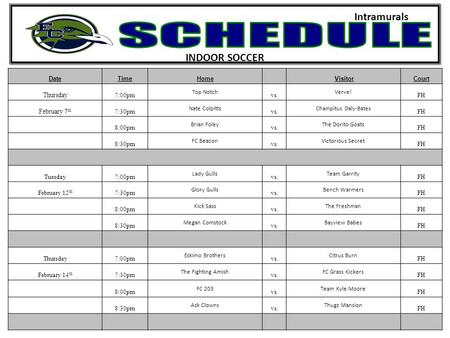 INDOOR SOCCER Intramurals DateTimeHome VisitorCourt Thursday 7:00pm Top Notch vs. Verve! FH February 7 th 7:30pm Nate Colpitts vs. Champitus Daly-Bates.