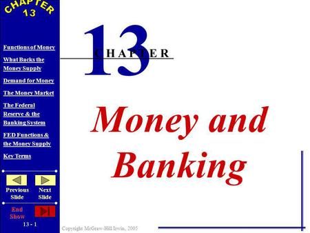 13 - 1 Copyright McGraw-Hill/Irwin, 2005 Functions of Money What Backs the Money Supply Demand for Money The Money Market The Federal Reserve & the Banking.