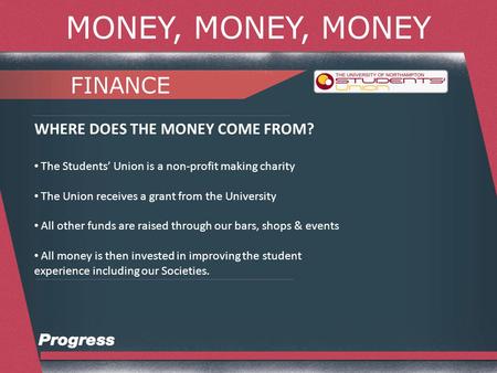 MONEY, MONEY, MONEY FINANCE WHERE DOES THE MONEY COME FROM? The Students Union is a non-profit making charity The Union receives a grant from the University.