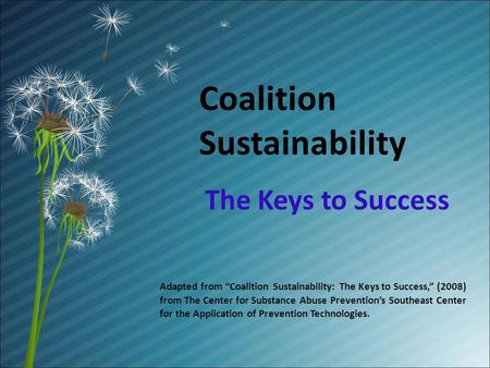 Coalition Sustainability The Keys to Success Adapted from Coalition Sustainability: The Keys to Success, (2008) from The Center for Substance Abuse Preventions.