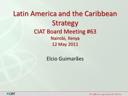 Eco-Efficient Agriculture for the Poor Elcio Guimarães Latin America and the Caribbean Strategy CIAT Board Meeting #63 Nairobi, Kenya 12 May 2011.