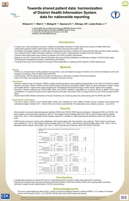 Towards shared patient data: harmonization of District Health Information System data for nationwide reporting Kibaara C. 1,2, Blat C. 1,3, Mutegi E. 1,2,