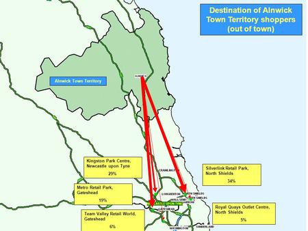 Alnwick Town Territory Destination of Alnwick Town Territory shoppers (out of town) Metro Retail Park, Gateshead 19% Team Valley Retail World, Gateshead.