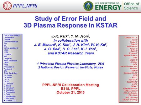 PPPL,NFRI Study of Error Field and 3D Plasma Response in KSTAR J.-K. Park 1, Y. M. Jeon 2, In collaboration with J. E. Menard 1, K. Kim 1, J. H. Kim 2,