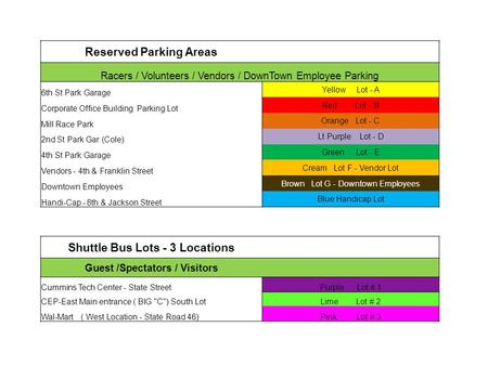 Reserved Parking Areas Racers / Volunteers / Vendors / DownTown Employee Parking 6th St Park Garage Yellow Lot - A Corporate Office Building Parking Lot.