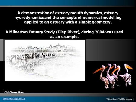 Willem Botes: WAMTechnology cc www.wamsys.co.za A Milnerton Estuary Study (Diep River), during 2004 was used as an example. Click to continue A demonstration.