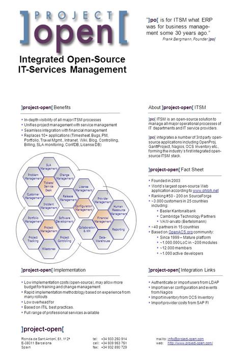 ]project-open[ Fact Sheet Founded in 2003 Worlds largest open-source Web application according to www.ohloh.netwww.ohloh.net Ranking #50 - 200 on SourceForge.