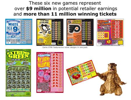 These six new games represent over $9 million in potential retailer earnings and more than 11 million winning tickets Game 0799 features two ticket designs.