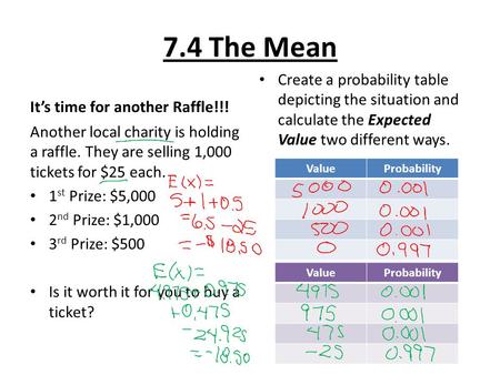 7.4 The Mean Its time for another Raffle!!! Another local charity is holding a raffle. They are selling 1,000 tickets for $25 each. 1 st Prize: $5,000.