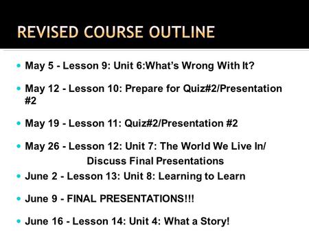 May 5 - Lesson 9: Unit 6:Whats Wrong With It? May 12 - Lesson 10: Prepare for Quiz#2/Presentation #2 May 19 - Lesson 11: Quiz#2/Presentation #2 May 26.