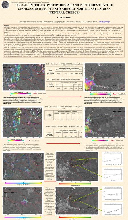 USE SAR INTERFEROMETRY DINSAR AND PSI TO IDENTIFY THE GEOHAZARD RISK OF NATO AIRPORT NORTH EAST LARISSA (CENTRAL GREECE) Falah FAKHRI Harokopio University.